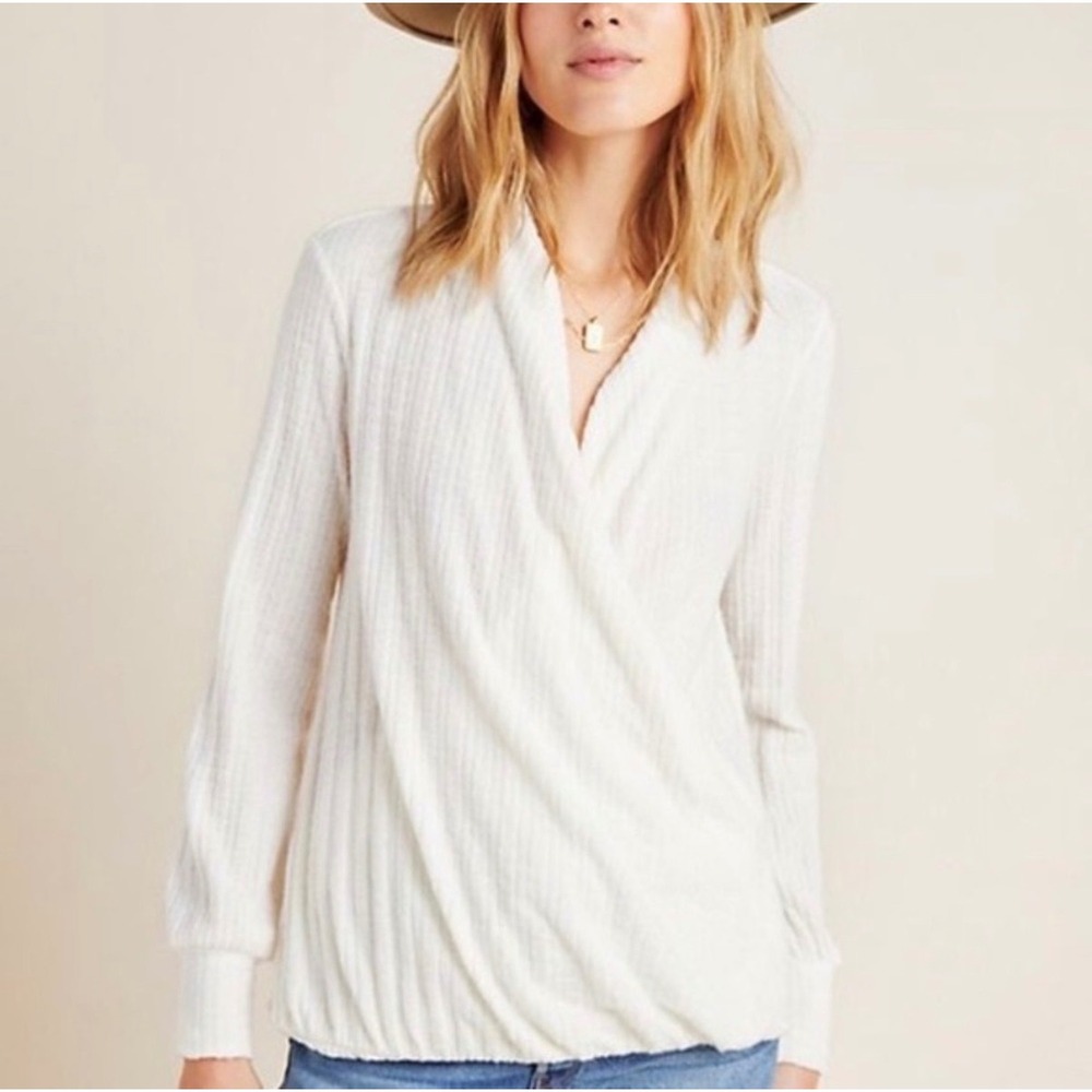 Maeve by Anthropologie Ivory Ribbed Knit Surplice Wrap Long Sleeve Top Small